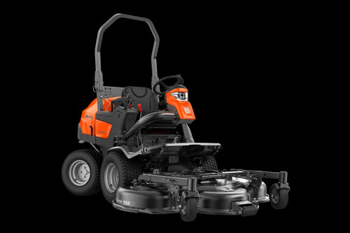 A large, orange and black Husqvarna P 525DX Rider Mower with a high seat, roll bar, and dual front cutting blades. This high-capacity diesel-powered front mower features a steering wheel, pedals, and a robust design with sturdy, high-grip tires for efficient lawn maintenance.