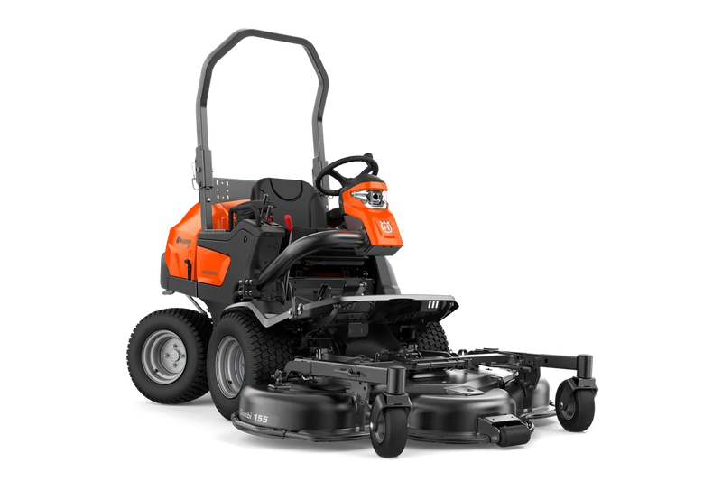 A large, orange and black Husqvarna P 525DX Rider Mower with a high seat, roll bar, and dual front cutting blades. This high-capacity diesel-powered front mower features a steering wheel, pedals, and a robust design with sturdy, high-grip tires for efficient lawn maintenance.