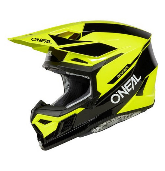 With a top view, the O'Neal 2025 3SRS RACE Helmet in Black/Neon Yellow displays bold geometric patterns and features the ONEAL logo. Its modern design is characterized by angular lines and dots. Constructed with a durable polycarbonate shell for safety, it also includes integrated ventilation to provide optimal airflow for comfortable rides.