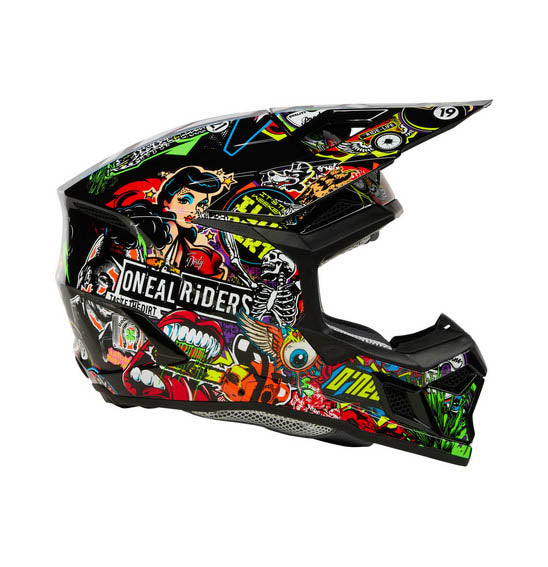 Introducing the O'Neal 2025 3SRS CRANK Helmet - Multi by ONEAL, a striking polycarbonate helmet adorned with vibrant graffiti-style illustrations of cartoon characters and abstract designs on a sleek black background. This DOT-approved helmet is not only stylish but also features an adjustable visor for enhanced safety.