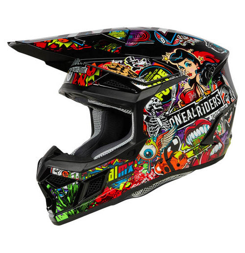 Introducing the O'Neal 2025 3SRS CRANK Helmet - Multi by ONEAL, a striking polycarbonate helmet adorned with vibrant graffiti-style illustrations of cartoon characters and abstract designs on a sleek black background. This DOT-approved helmet is not only stylish but also features an adjustable visor for enhanced safety.