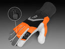 The Husqvarna Functional Gloves with saw protection, by Husqvarna, combine gray, white, black, and orange coloring. The left glove is displayed palm-up while the right glove is displayed palm-down. Both gloves feature a prominent gray logo on the wrist area and have ribbed cuffs for a secure fit.