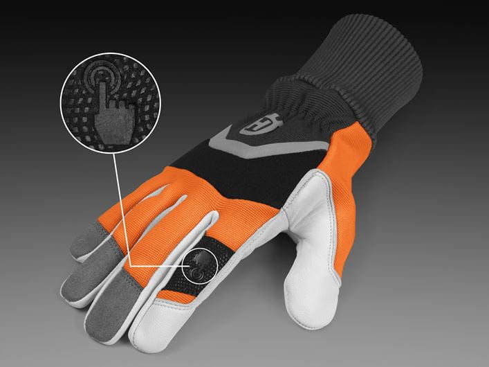 The Husqvarna Functional Gloves with saw protection, by Husqvarna, combine gray, white, black, and orange coloring. The left glove is displayed palm-up while the right glove is displayed palm-down. Both gloves feature a prominent gray logo on the wrist area and have ribbed cuffs for a secure fit.