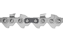 Close-up of a silver Husqvarna Saw Chain X-PRECISION™ SP11G Semi-chisel 1/4” mini 1.1mm 32DL / 5" segment, featuring sharp cutting teeth and connecting links. The chain exhibits a zigzag pattern and includes rivets for joining the parts together, making it ideal for precision pruning tasks.