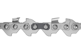 Close-up of a silver Husqvarna Saw Chain X-PRECISION™ SP11G Semi-chisel 1/4” mini 1.1mm 32DL / 5" segment, featuring sharp cutting teeth and connecting links. The chain exhibits a zigzag pattern and includes rivets for joining the parts together, making it ideal for precision pruning tasks.