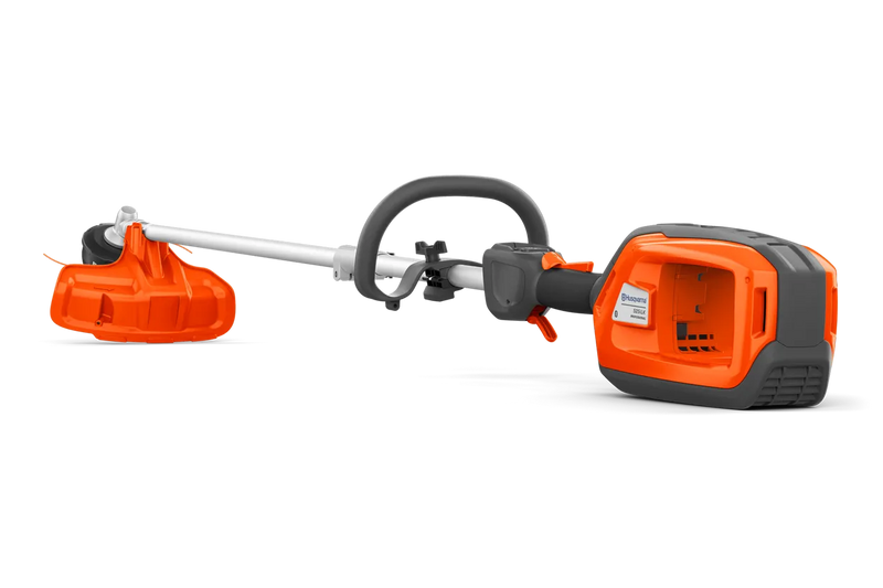An orange and grey Husqvarna 525iLK Combi Trimmer (skin) with a long handle, a looped grip, and a protective cover on the cutting end. Ideal for maintaining gardens and lawns, this powerful trimmer features a battery pack at the back for cordless operation.