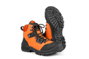 A pair of sturdy, orange and black Husqvarna Protective Leather Boots Technical Light. The boots feature thick rubber soles with deep treads for good traction, metal eyelets, black laces, and reinforced toe caps. One boot stands upright while the other is tilted on its side, reminiscent of rugged motorbike parts.