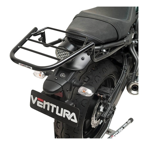 The image showcases the Ventura EVO-12 Bike-Pack Kit complete with a black EVO-12 Pack, versatile EVO-Rack rear bike rack, and durable L-Bracket with mounting hardware, ideal for adventure lovers using the Suzuki CS 125 D.