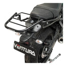 Image showing the Honda VTR 1000 FV Firestorm (98-06) EVO-12 Bike-Pack Kit by Ventura: a black, zippered EVO-12 pack with logo, an adjustable Pack-Rack with mounting hardware, and a separate versatile L-bracket. The Pack-Rack is attached to a bike.