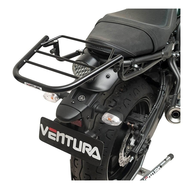 Image showing the Ventura EVO-12 Bike-Pack Kit for Kawasaki Z 400/Z 400 ABS (18–>), with the EVO-12 pack, Evo-Rack mounted on a motorcycle, and a labeled L-Bracket including bolts and hardware for easy identification.