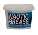 The Motul Nautic Grease 400G Tub, a white plastic container labeled "Nautic Grease" with additional text "Technosynthese Salt Water Resistant" in blue and red, offers wear and corrosion protection. The container features a clear, round lid and a blue graphic design on the right side.