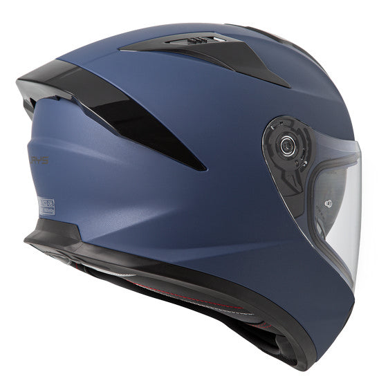 The RJAYS APEX IV Helmet by Rjays in Solid Matte Blue features a sleek design with black accents and a clear, UV-protected visor. It boasts an aerodynamic profile, complete with strategically placed vents and a rear spoiler to enhance airflow. The helmet is ECE R22-06 certified, and its side view highlights the streamlined silhouette and advanced visor mechanism. Additionally, it comes with an internal sun-shield for added convenience.