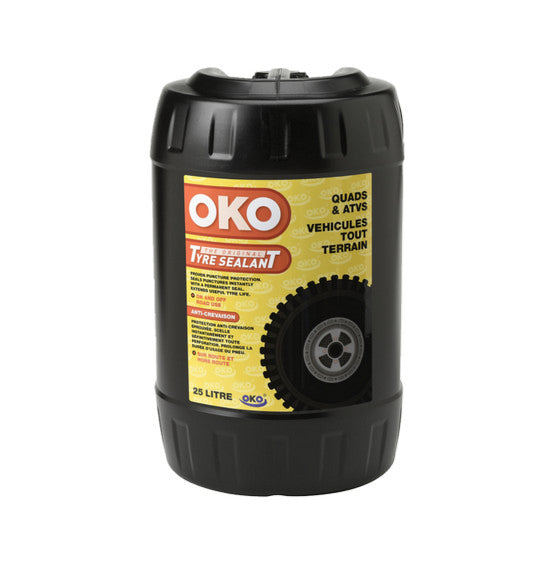 The image shows two containers of OKO Tyre Sealant - ATV / Quad / SxS, specifically designed for ATVs. The larger container has a capacity of 25 liters, while the smaller one holds a lesser amount. Both black containers feature yellow labels with text and graphics, making them ideal for quad bike tyre sealant and puncture repair needs.