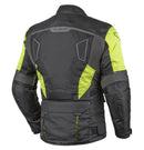 Introducing the RJAYS VENTURE Jacket Blk/Yel - WP Touring by Rjays: A black motorcycle jacket with bright yellow accents, designed with multiple pockets, adjustable straps on the arms and waist, and a high collar. The sleeves feature zippered sections, CE Armour for added protection, and subtle branding is visible on the chest and forearm.