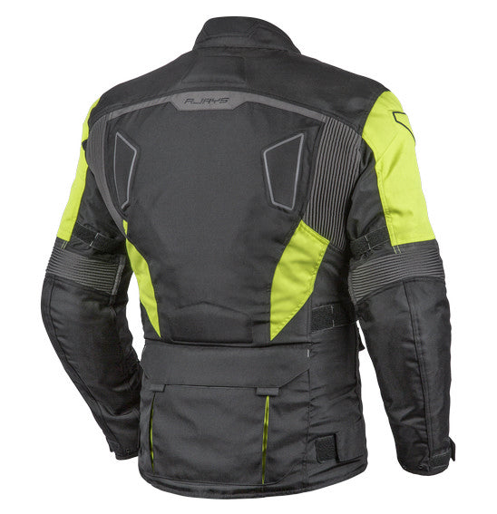 Introducing the RJAYS VENTURE Jacket Blk/Yel - WP Touring by Rjays: A black motorcycle jacket with bright yellow accents, designed with multiple pockets, adjustable straps on the arms and waist, and a high collar. The sleeves feature zippered sections, CE Armour for added protection, and subtle branding is visible on the chest and forearm.