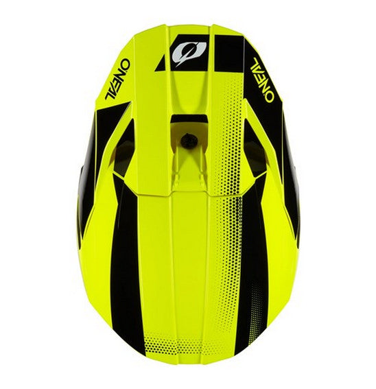 With a top view, the O'Neal 2025 3SRS RACE Helmet in Black/Neon Yellow displays bold geometric patterns and features the ONEAL logo. Its modern design is characterized by angular lines and dots. Constructed with a durable polycarbonate shell for safety, it also includes integrated ventilation to provide optimal airflow for comfortable rides.