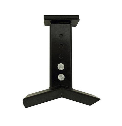 The O'Neal Adjustable Fork Block by ONEAL is a black metal hitch extender with a T-shape design, ideal for motorcycle transportation. It features a vertical central column with multiple circular holes and two aligned bolts in the middle. The base of the extender has two prongs extending outward at opposite angles for added stability.