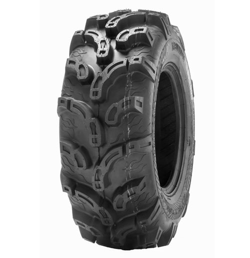 The Wanda P375 - Utility / ATV tire by WANDA is a rugged, black off-road option designed for rough terrain with an aggressive self-cleaning tread pattern. It boasts deep, heavy-duty lugs and thick sidewalls that enhance grip and durability, offering superior mud traction. Displayed against a plain white background, the tire’s details are highlighted effectively.