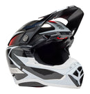 Introducing the Bell MOTO-10 SPHERICAL Renen Raycon Matte/Gloss Black/White Ltd Ed by BELL: a sleek, modern motocross helmet with a carbon fiber aesthetic and aerodynamic design. It features Spherical Technology for enhanced safety and is embellished with a visor, bold red and blue accents, and "RENEN" branding on the side.