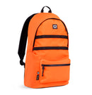 The OGIO ALPHA LITE CONVOY 120 Backpack by OGIO is a vibrant orange backpack made from high-quality 600D CORDURA Eco polyester. It includes a black handle and adjustable padded shoulder straps, along with two horizontal black straps on the front. The backpack also features a zippered front pocket with a black zipper, an internal laptop sleeve, and a small rectangular logo patch near the top center.