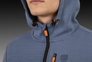 The Husqvarna Xplorer Hoodie Air Blue is a stylish zip-up hoodie by Husqvarna, featuring long sleeves and a high collar with orange accents on the zipper pulls and drawstring ends. Made from organic cotton and recycled polyester, it includes two front pockets and a vertical chest pocket adorned with the "Husqvarna" logo on the left side.