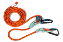 An orange and blue Husqvarna Work positioning lanyard, featuring a coiled, abrasion-resistant rope, two carabiners, and a mechanical ascender, set against a black background.