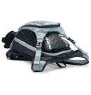 A neatly arranged display of USWE's Patriot 15L MTB Protector Pack highlights its gray backpack with open compartments, black sleek padding, and straps with blue branding. Featuring the CE-certified SAS-TEC protection and an NDM 4-point harness system, it's engineered for high-performance outdoor activities.