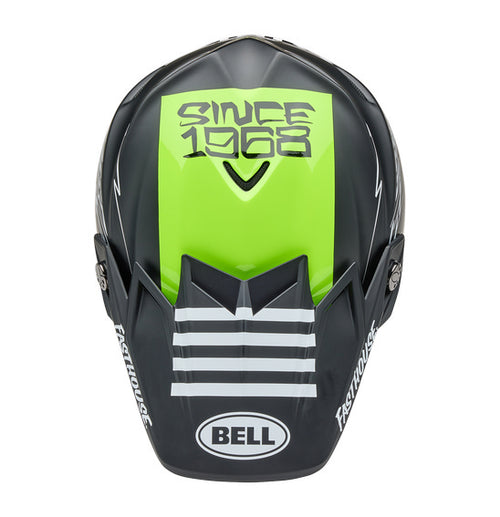 Introducing the Bell MOTO-9S FLEX FH SMKBMB Matte/Gloss Hiviz Yellow helmet, a safety-focused motocross helmet designed with a black, white, and green color scheme. This BELL helmet features Fasthouse branding and boasts eye-catching checkerboard patterns on the lower section. The design includes a visor and the reliable FINTEC locking system, making it ideal for off-road racing enthusiasts.