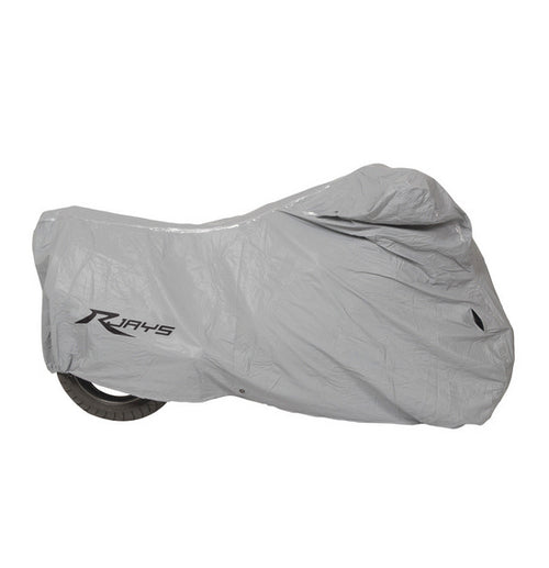 An RJAYS Motorcycle Cover - Lined Waterproof, showcasing its UV-resistant and waterproof features, is seen enveloping a motorcycle with the Rjays logo prominently displayed on the side. Designed to shield the bike from dust and harsh weather conditions, it includes a quick-lock buckle system for easy securing. The cover reveals part of the rear wheel of the motorcycle at the bottom left.