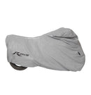 An RJAYS Motorcycle Cover - Lined Waterproof, showcasing its UV-resistant and waterproof features, is seen enveloping a motorcycle with the Rjays logo prominently displayed on the side. Designed to shield the bike from dust and harsh weather conditions, it includes a quick-lock buckle system for easy securing. The cover reveals part of the rear wheel of the motorcycle at the bottom left.