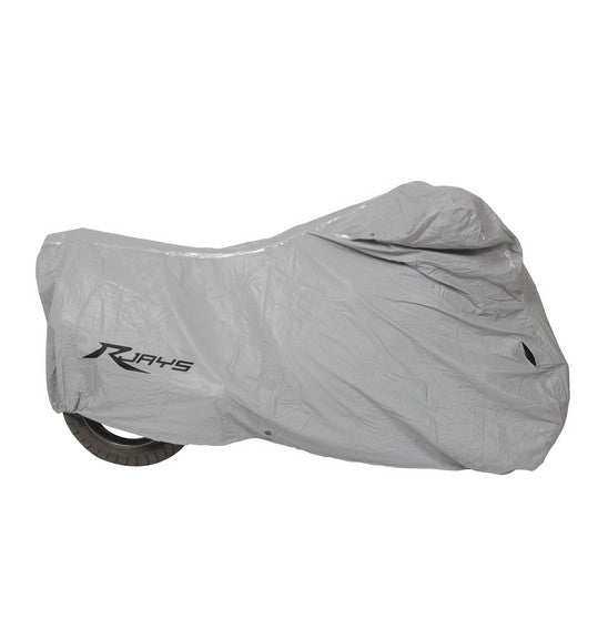 An RJAYS Motorcycle Cover - Lined Waterproof, showcasing its UV-resistant and waterproof features, is seen enveloping a motorcycle with the Rjays logo prominently displayed on the side. Designed to shield the bike from dust and harsh weather conditions, it includes a quick-lock buckle system for easy securing. The cover reveals part of the rear wheel of the motorcycle at the bottom left.