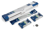 Image of a collection of Husqvarna chainsaw parts, including three boxes of the Husqvarna 10" Battery BAR & CHAIN KIT X-PRECISION SP11G, a guide bar with a length of 10 inches, and a 1/4" mini spur sprocket. The packaging is predominantly blue, white, and green with Husqvarna branding visible on each item.