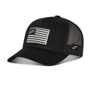 The Alpinestars Flag Snapback Hat by ALPINESTARS is a green and black stretch twill trucker cap with a curved bill and mesh back. It features a black-and-white stylized flag printed patch on the front and a small logo on the brim's side.