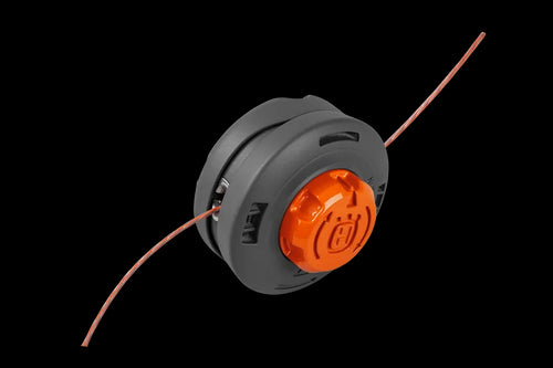 A Husqvarna Trimmer Head Rapid Replace R25 3/8 R in orange and black, boasting two pieces of red trimming line extending from either side. The head features a prominent orange cap with the Husqvarna branded logo. It is designed for use with string trimmers or weed whackers and offers an Easy Load system for rapid replacement, specifically suited for curved shafts.