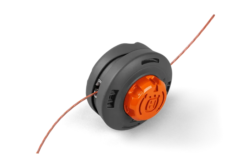 A close-up image of the Husqvarna Trimmer Head R25 M10 L Easy Load straight shaft, showcasing a gray outer casing and an orange center cap with the Husqvarna logo engraved on it. The trimmer head features two strings extending from either side, highlighting its Easy Load design for more efficient maintenance.