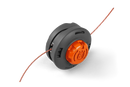 A close-up image of the Husqvarna Trimmer Head R25B Easy Load Battery with an orange center and black outer casing. A piece of red trimmer line extends from both sides of the head. The black casing has a streamlined design, and the orange part features a logo or symbol, highlighting its Rapid Replace easy load mechanism.