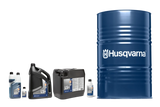 Image depicting various sizes of Husqvarna LS+ 2-Stroke Oil containers, celebrated for their excellent lubrication qualities and seizure protection, ranging from small bottles to a large blue drum prominently branded with the Husqvarna logo. All containers are neatly aligned side by side on a white background.