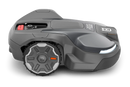 The Husqvarna Automower 430X NERA is a sleek, grey robotic lawn mower featuring two large wheels at the rear and two smaller wheels at the front. It boasts a red stop button on top, LED headlights, and proudly displays the Husqvarna logo on the front. With its modern design, this mower is equipped with object avoidance technology and can be conveniently controlled via the Automower Connect app.
