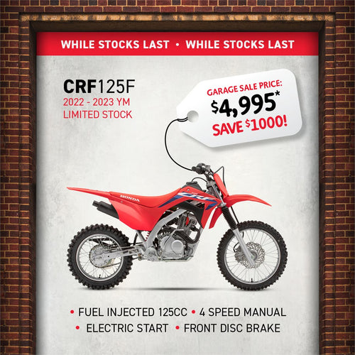 Promotional image for the Honda CRF125F & FB with a $500 discount, featuring a motocross rider performing a trick and the text "Get the next champ started. Score a Jett Pack." Includes an offer for a free Jett Lawrence 2024 sticker kit worth $175 with purchase. Ride like an AMA SX Championship star!