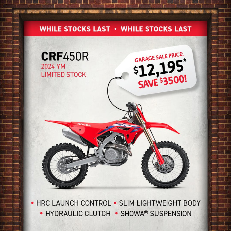 Limited stock alert! Grab the 2024 Honda CRF450R by Honda with HRC Launch Control, sleek lightweight design, hydraulic clutch, and Showa suspension. Highlighted by a red banner and tag, it's now just $12,195—save $3,500!.