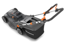 Image of a Husqvarna Aspire™ L34 Lawn Mower (Kit) with an 18V battery. The black mower, accented in orange, features a sleek design and a grass collection bag at the back. With the POWER FOR ALL battery system, its handlebar is adjustable and foldable for easy storage.