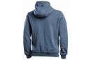 The Husqvarna Xplorer Hoodie Air Blue is a stylish zip-up hoodie by Husqvarna, featuring long sleeves and a high collar with orange accents on the zipper pulls and drawstring ends. Made from organic cotton and recycled polyester, it includes two front pockets and a vertical chest pocket adorned with the "Husqvarna" logo on the left side.