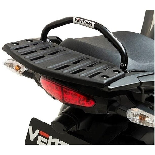 The image showcases the Ventura EVO-12 Bike-Pack Kit complete with a black EVO-12 Pack, versatile EVO-Rack rear bike rack, and durable L-Bracket with mounting hardware, ideal for adventure lovers using the Suzuki CS 125 D.