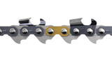Close-up of the Husqvarna Saw Chain Loop 3/8" .050" Chisel - X-CUT® C83 72DL / 20", featuring sharp, metallic cutting teeth and rounded rivets along its length. One of the chain links is highlighted in gold, setting it apart from the other silver and black links. Ideal for professional forestry saws requiring a durable chain.