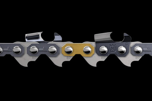 Close-up image of the Husqvarna Saw Chain Loop 3/8" .058" Chisel - X-CUT C85-56DL featuring sharp cutting teeth, connecting rivets, and a mix of silver and gold-colored metal sections. Designed for efficient cutting, this Husqvarna accessory is highlighted against a black background.