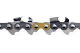 Close-up image of the Husqvarna Saw Chain Loop 3/8" .058" Chisel - X-CUT C85-56DL featuring sharp cutting teeth, connecting rivets, and a mix of silver and gold-colored metal sections. Designed for efficient cutting, this Husqvarna accessory is highlighted against a black background.