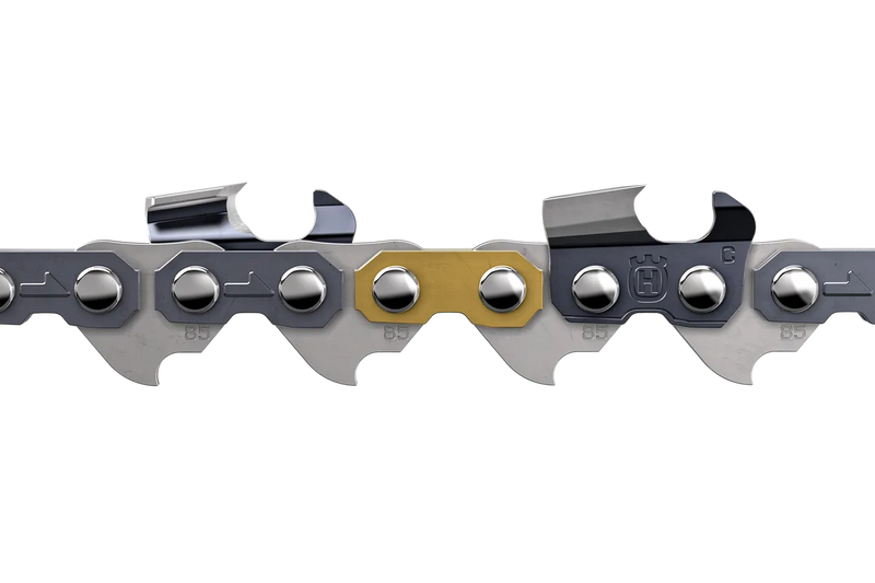 Close-up image of the Husqvarna Saw Chain Loop 3/8" .058" Chisel - X-CUT C85-56DL featuring sharp cutting teeth, connecting rivets, and a mix of silver and gold-colored metal sections. Designed for efficient cutting, this Husqvarna accessory is highlighted against a black background.