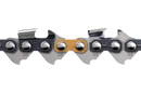 Close-up of the Husqvarna Saw Chain S35G, showcasing alternating silver and black links with a gold-colored link in the center. The .325", 1.5 mm, Semi chisel chain features sharp, jagged teeth designed for cutting and intricate parts that include kickback reduction features for enhanced safety.