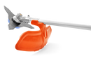 A Husqvarna 325iR Brushcutter (skin) lays on a white background. Perfect for lawns and other outdoor maintenance, the tool features a long silver shaft with a black handle at the top and an orange cutting head at the bottom. The motor is housed in an orange casing near the handle.