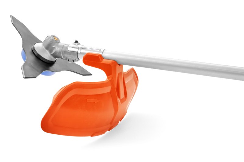 A Husqvarna 325iR Brushcutter (skin) lays on a white background. Perfect for lawns and other outdoor maintenance, the tool features a long silver shaft with a black handle at the top and an orange cutting head at the bottom. The motor is housed in an orange casing near the handle.